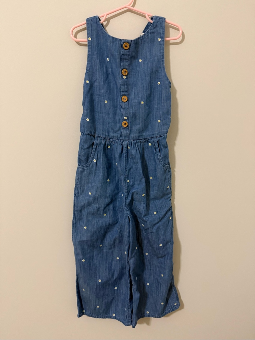 Boden Blue Chambray Button-Front Girls Jumpsuit with embroidered daisies